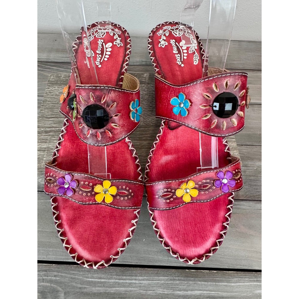 Spring Step L'Artiste Via Red Floral Whipstitch Kitten Heel Slide Sandal 10.5 11 - Picture 2 of 13